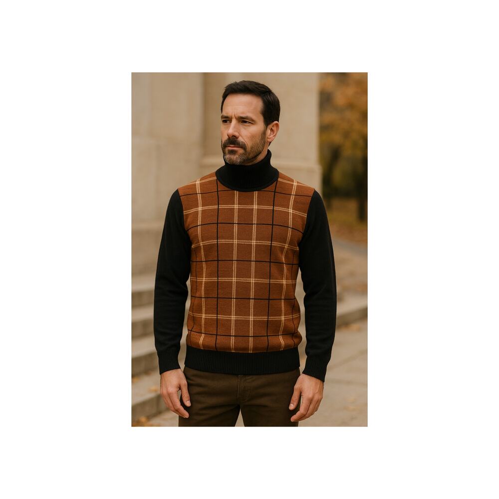 Roberto Verino Wool Turtleneck Sweater XL Brown Black Check Vintage